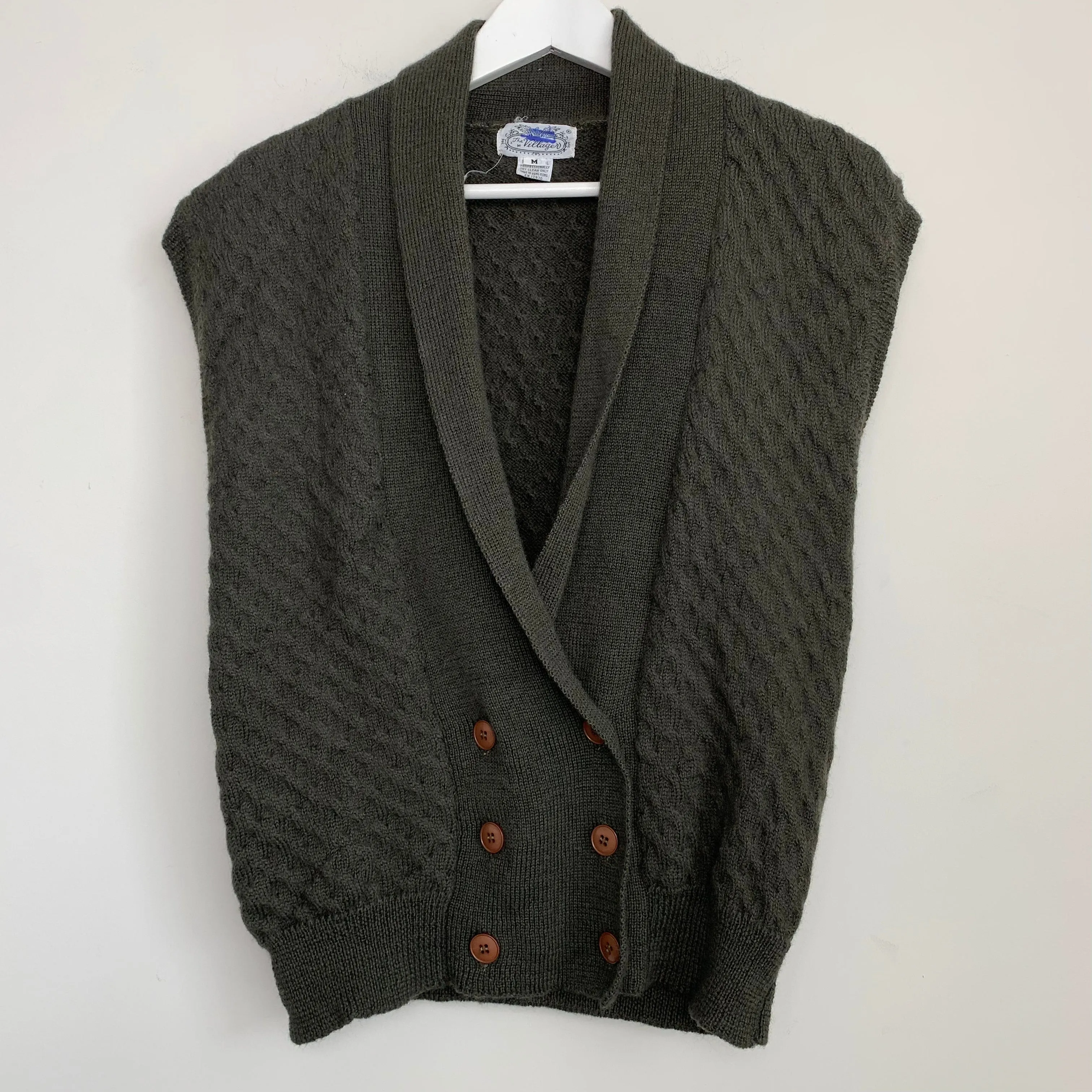 80s The Villager Wool Sweater Vest Double Breasted Wool Medium Olive Green