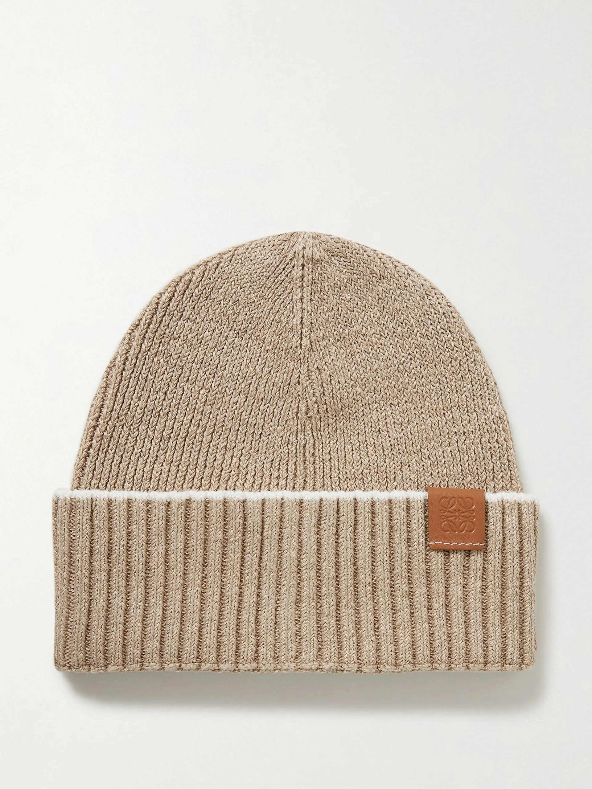 Leather-trimmed ribbed linen-blend beanie