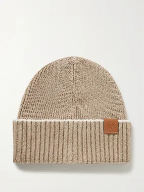Leather-trimmed ribbed linen-blend beanie