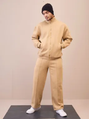 Men Beige Front Zipper Oversize Sweatshirt With Sweatpants