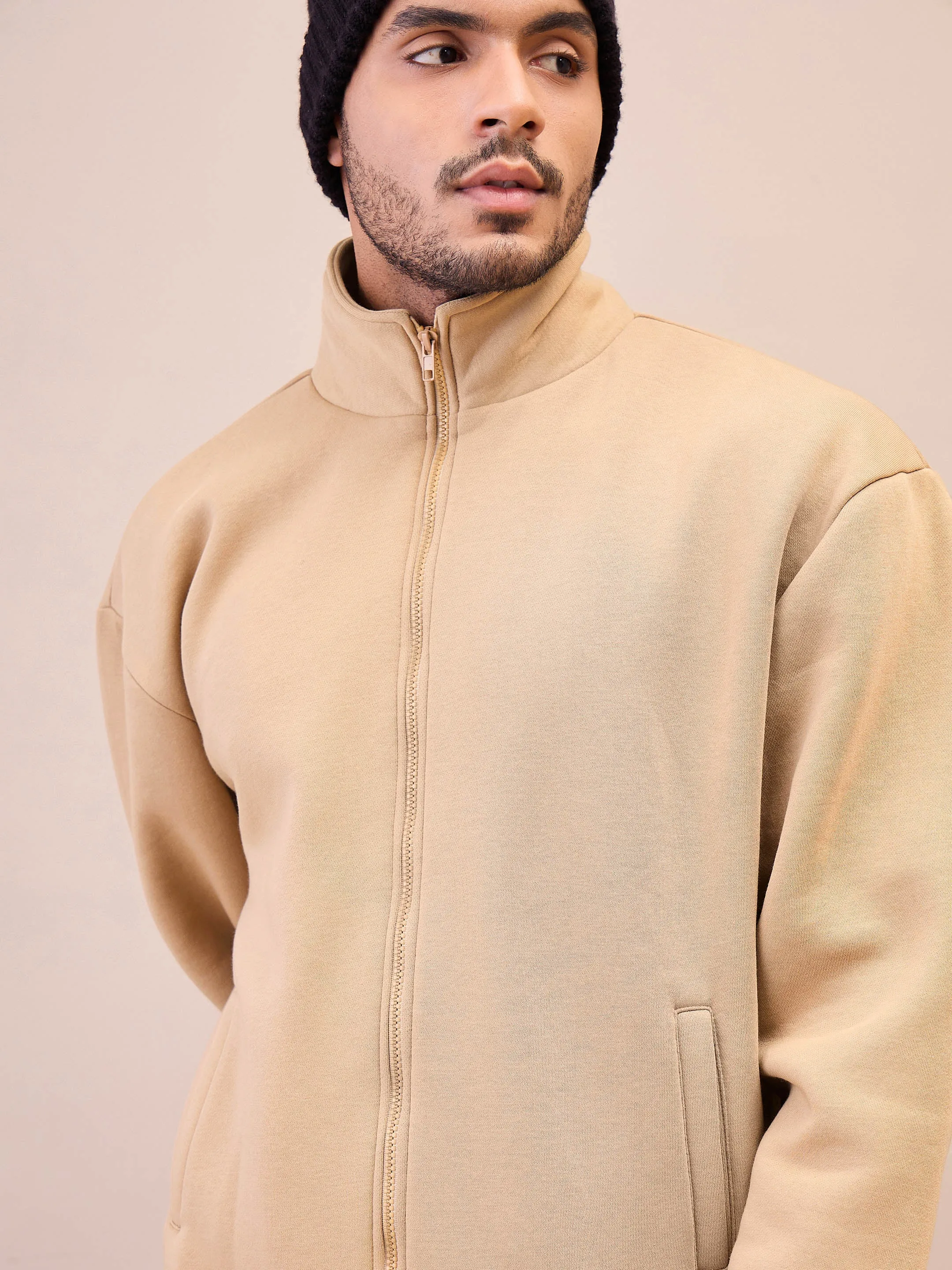 Men Beige Front Zipper Oversize Sweatshirt With Sweatpants