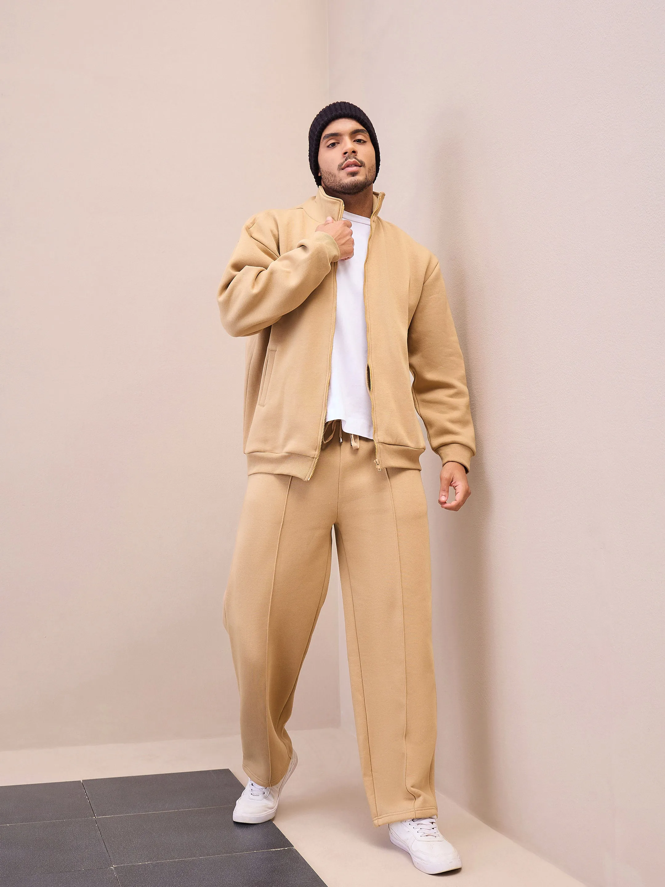 Men Beige Front Zipper Oversize Sweatshirt With Sweatpants