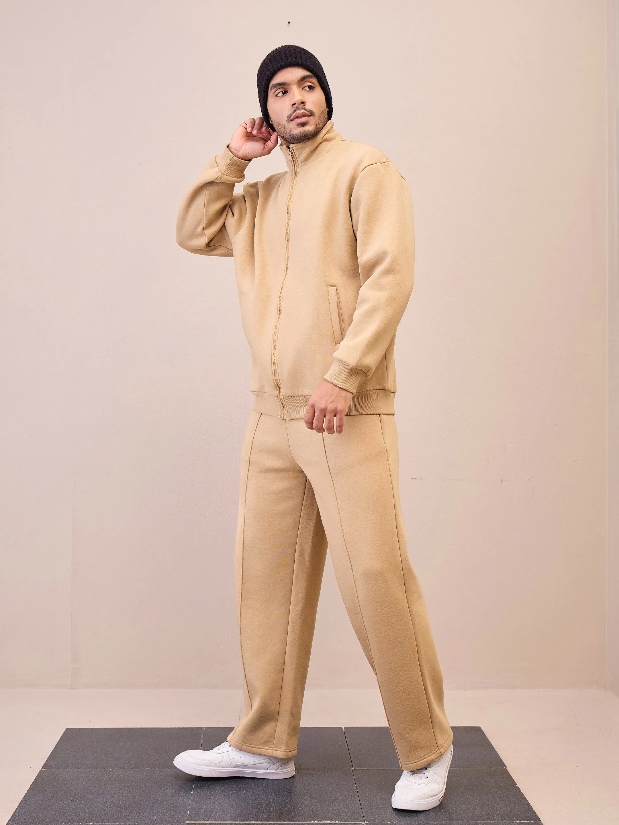 Men Beige Front Zipper Oversize Sweatshirt With Sweatpants