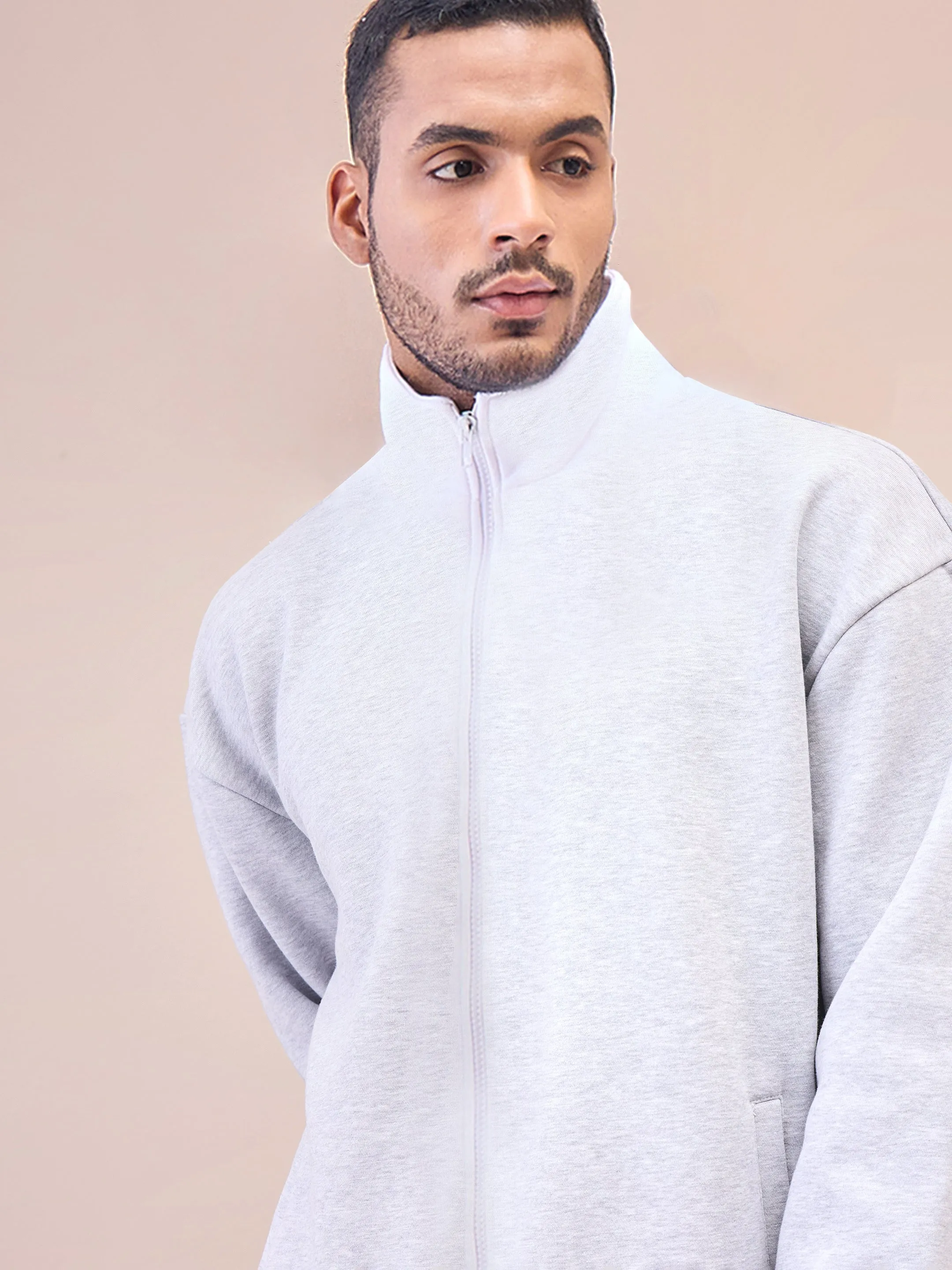 Men Grey Front Zipper Oversize Sweatshirt With Sweatpants