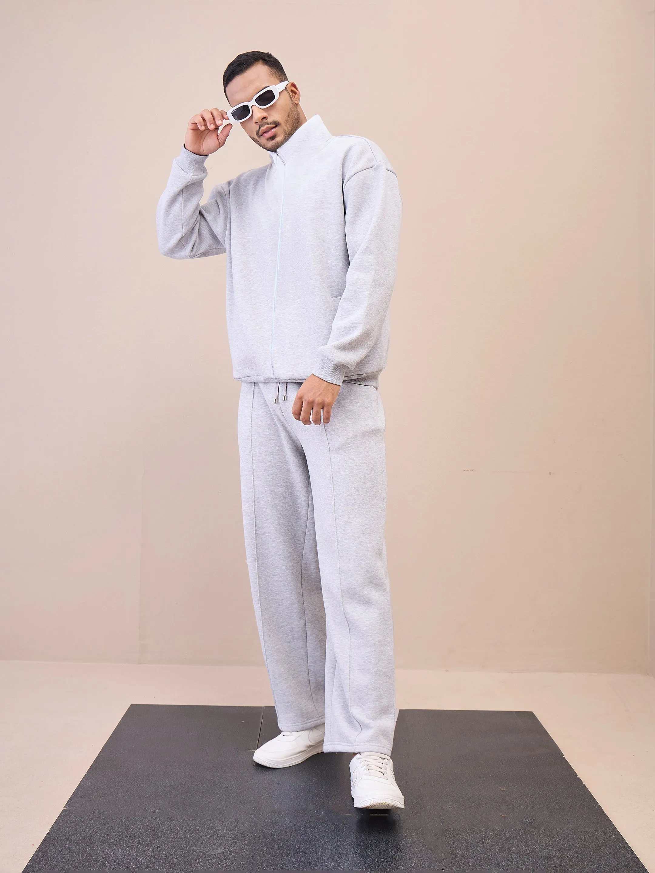 Men Grey Front Zipper Oversize Sweatshirt With Sweatpants