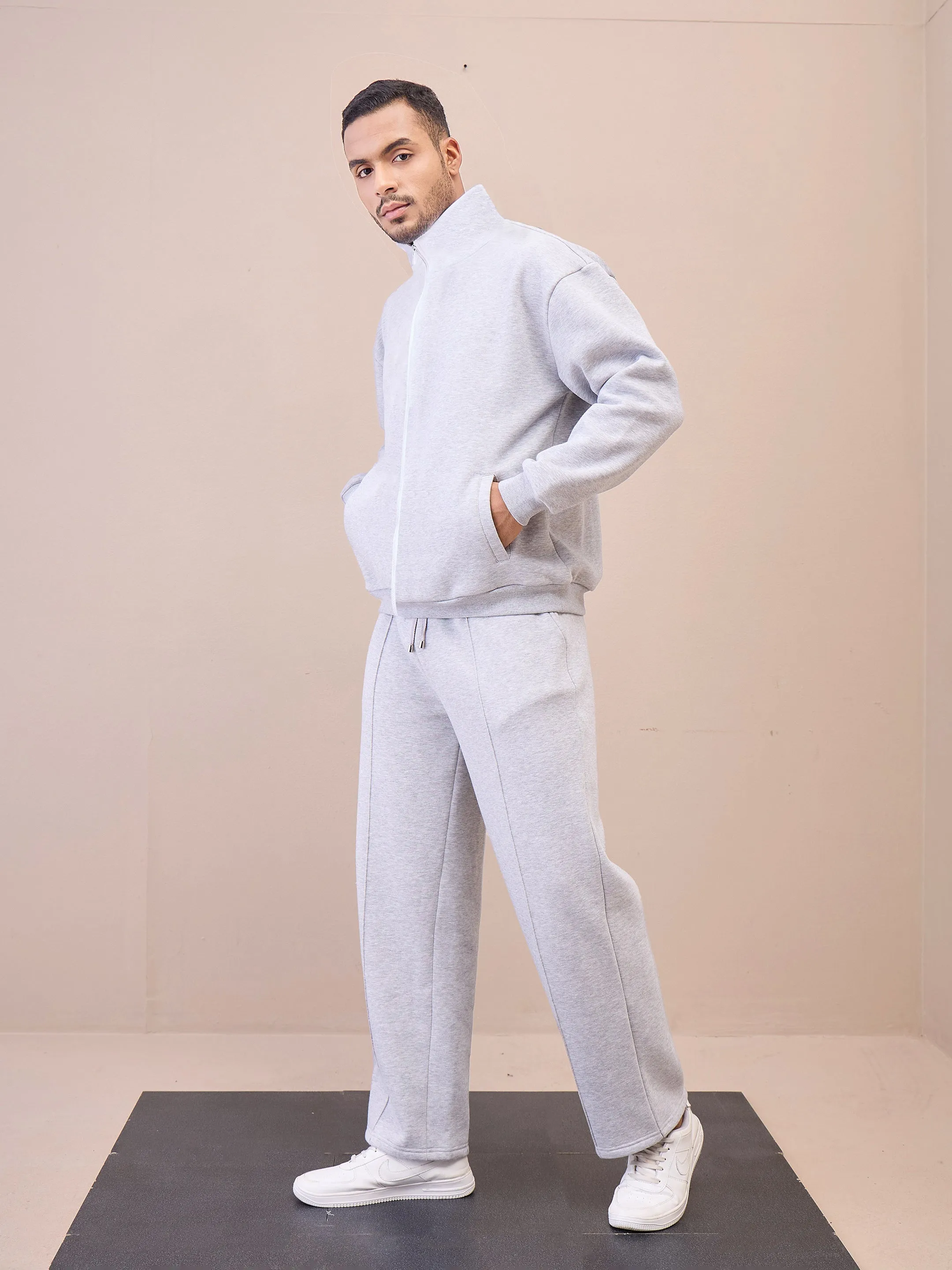 Men Grey Front Zipper Oversize Sweatshirt With Sweatpants