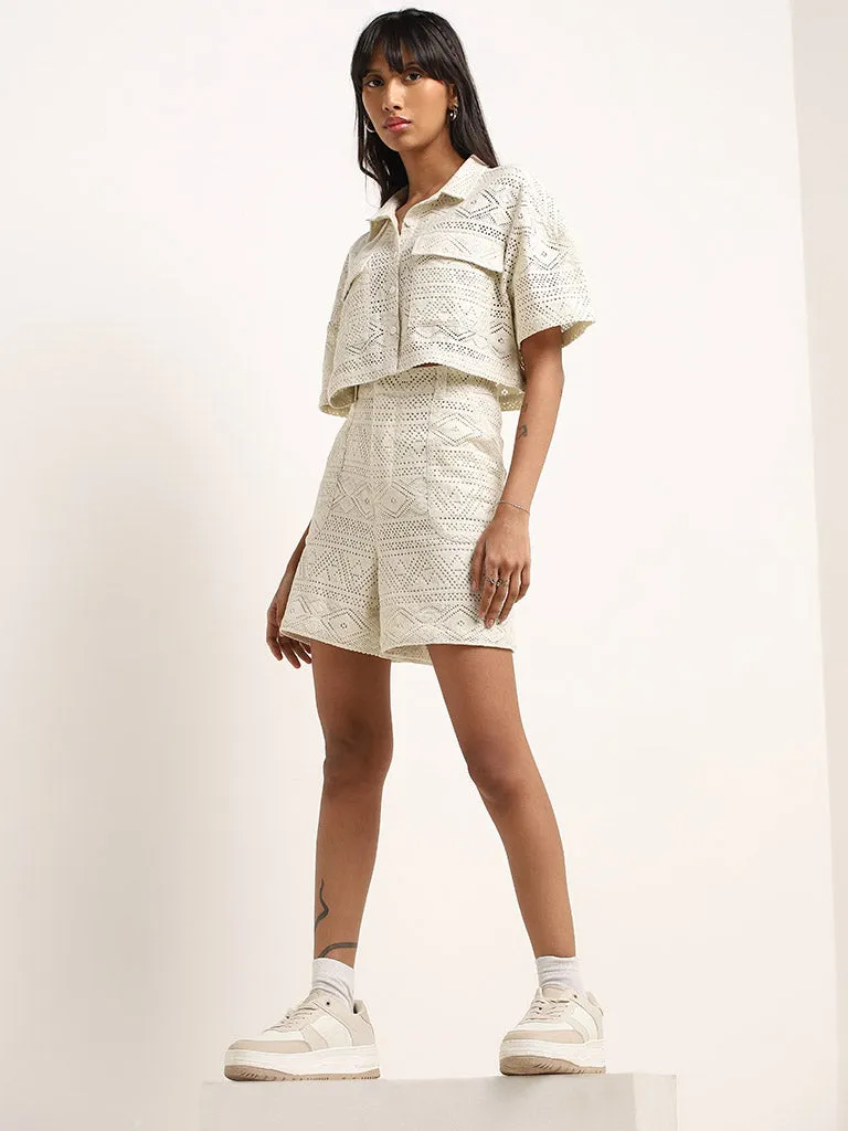Nuon Off-White Knit-Textured Crochet Cotton Blend Shirt