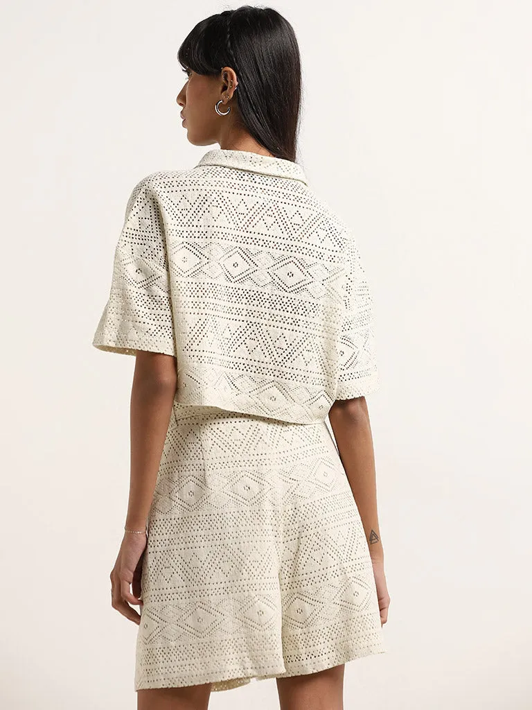 Nuon Off-White Knit-Textured Crochet Cotton Blend Shirt