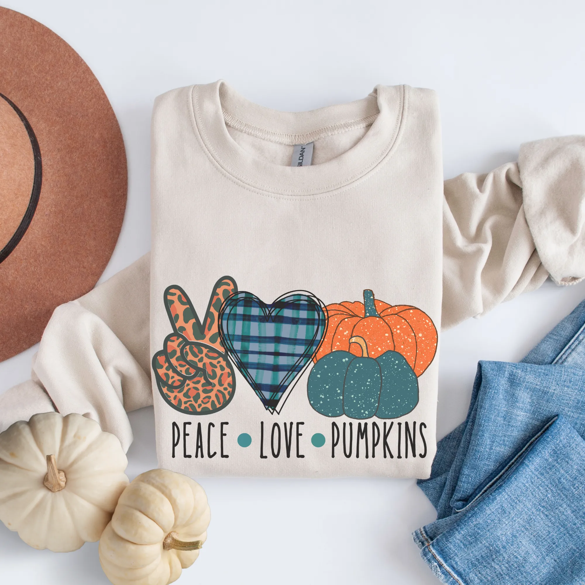 Peace Love Pumpkins Crewneck Sweatshirt Women's Fall Autumn Design Gildan Pullover