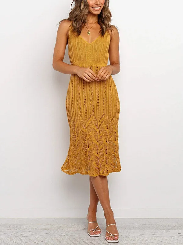 V-Neck Stretch Knit Midi Dress
