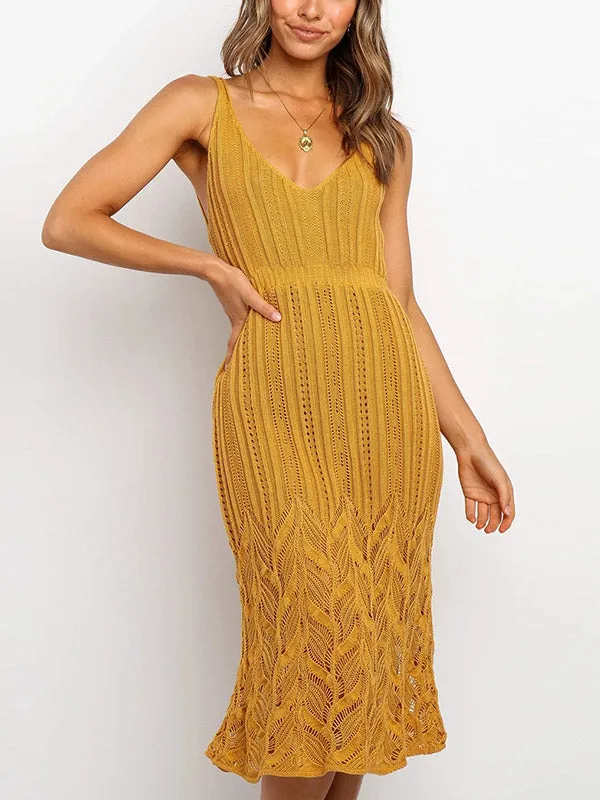 V-Neck Stretch Knit Midi Dress