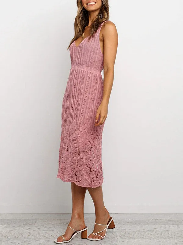 V-Neck Stretch Knit Midi Dress