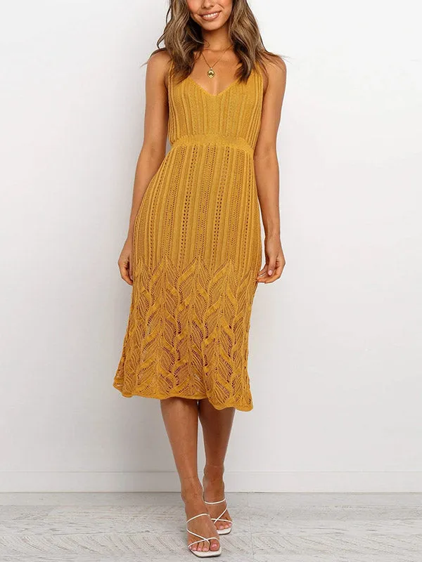 V-Neck Stretch Knit Midi Dress